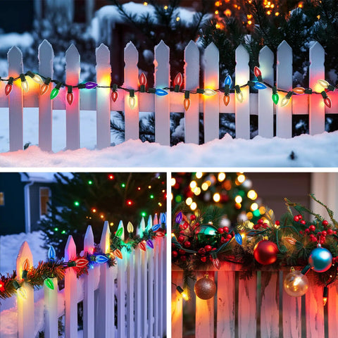 50Ft Outdoor String Lights With 27 Shatterproof Diamond Bulbs IP65 Waterproof Heavy Duty LED Patio Lights on snowy fence