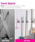 Before and after installation of 4 Pack Wall Mount Broom And Mop Holder Set With Ultra Anti Slip Grippers for space saving.