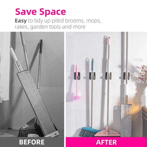 Before and after installation of 4 Pack Wall Mount Broom And Mop Holder Set With Ultra Anti Slip Grippers for space saving.