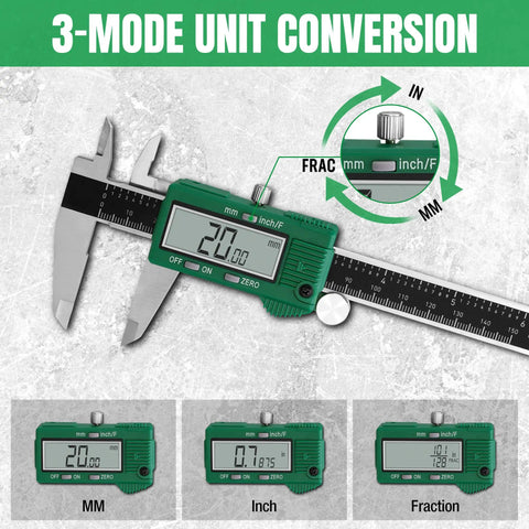 6 Inch Digital Caliper With Large LCD Screen And Auto Off Vernier Caliper Measuring Tool Inch Millimeter Fraction Conversion Pro Grade Precision Handy Workbench Essential Plus Minus 0.001 In Accuracy; image showing unit conversion modes.