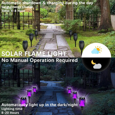 Solar Powered Outdoor Lights With Purple Flickering Flame For Patio And Pathway Decor, Waterproof Tiki Torch Torches For Yard
