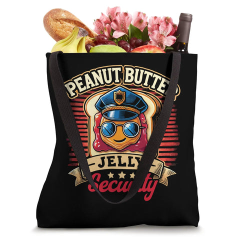 Classic Peanut Butter Jelly Security Tote Bag Crafted From Comfy Polyester Canvas With Sturdy Black Handles, 16x16 inch, filled with groceries.