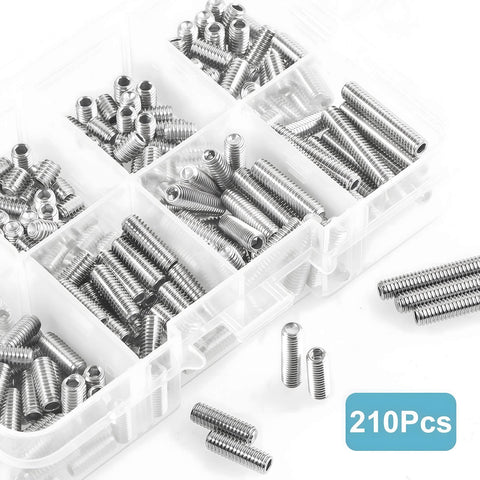 Industrial Grade M5 Hex Set Screws In 304 Stainless Steel With Internal Hex Drive Headless Cup Point 210-Piece Assortment in box