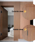 Two black 5-inch no-mortise door hinges on a vertical-slat wooden door; exterior and interior views.