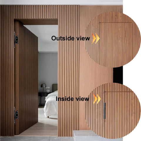 Two black 5-inch no-mortise door hinges on a vertical-slat wooden door; exterior and interior views.
