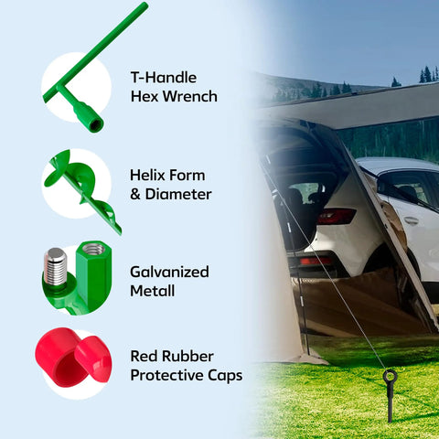 18 Inch Heavy Duty Ground Anchors Kit with green T-handle hex wrench, green spiral auger, and red rubber caps securing a tent