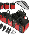 Big XL Trunk Organizer With Four-Section Modular System For Extra Large Car Cargo Storage in red with detachable compartments.