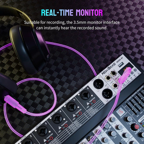 Headphones connected to Six Channel Bluetooth Audio Mixer With 16 DSP Echo Effects and 7 Band EQ, USB interface visible