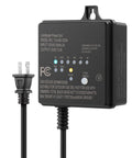 Outdoor Low Voltage Transformer 60W 120V AC To 12V DC With Dusk To Dawn Sensor, close-up view of black weatherproof unit with plug