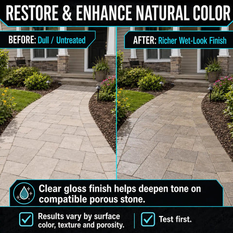 Before and after of paver walkway treated with Fresh High Gloss Wet Look Stone Sealer For Pavers And Concrete.