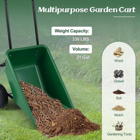 Two Wheel Wheelbarrow Garden Cart With 330 Lbs Capacity And 21 Gallon Volume Heavy Duty Yard Dump Cart displaying soil capacity