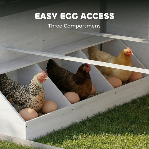 Wooden Chicken Coop For Backyard Hen House For 2 To 4 Chickens With Nesting Box, showing hens and eggs in compartments with easy egg access