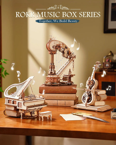 3D Wooden Puzzle Harp Music Box With Mechanical Movement Building Kit, harp on books, wooden desk decor