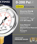 Beefy 2-1/2 Inch Dial Pressure Gauge 0-200 PSI Glycerin Filled Lower Mount 1/4 Inch NPT Stainless Steel Case