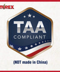 TAA Compliant badge with a blue and red shield design, featuring stars and stripes. Text indicates "NOT made in China."