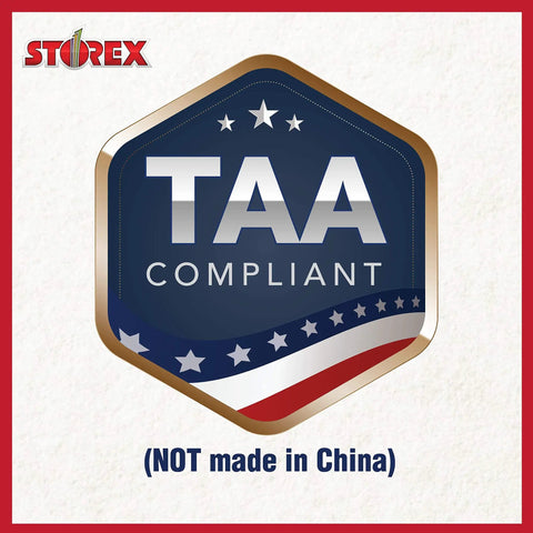 TAA Compliant badge on Storex packaging, not made in China