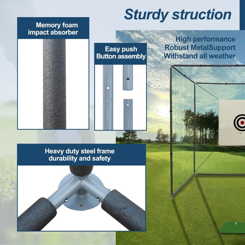 10x10x10 Ft Golf Practice Net Cage With Metal Frame Heavy Duty Hitting Net Kit for Backyard with memory foam absorber