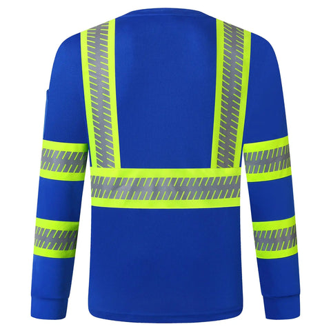 Back view of Hi Vis Long Sleeve Safety T Shirt With Reflective Strips Neon Trim For Men And Women Breathable Polyester Birdseye Mesh