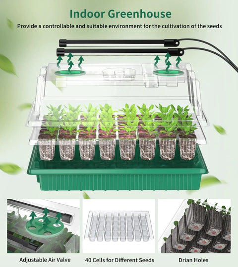 80 Cell Seedling Starter Tray With Grow Light And Humidity Dome Reusable Indoor Seed Germination Kit For Seed Starting And Plant Propagation Two Pack Green Base For Home Growers, featuring adjustable air valve and seedlings in a green tray