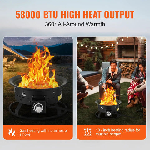 Propane Fire Pit 19 Inch Portable Outdoor Gas Fire Pit Includes Cover Lava Rocks, Adjustable Flame Height, 58,000 BTU, Smoke Free Heating