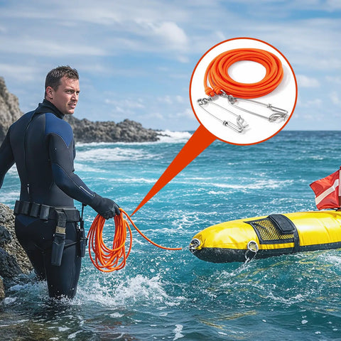 Spearfishing Float Line 100 Ft Orange Foam Filled Braided Polypropylene Tow Rope Pro Grade One Quarter Inch Diameter With Five Point Nine Inch Rotating Stainless Clamps And Stainless Hooks in use by diver next to yellow float at sea.