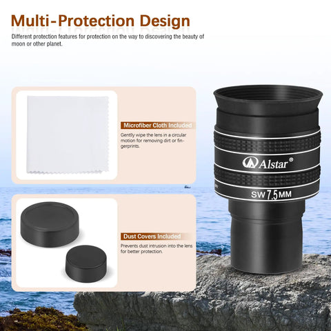 1.25-Inch 58 Degree 7.5mm Planetary Eyepiece with dust covers and cloth for telescope optics protection