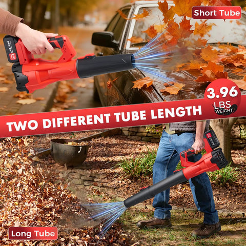 650 CFM Beast Mode Cordless Leaf Blower With 21V Battery Pack Two 2.6Ah Batteries And Charger in use with short and long tubes