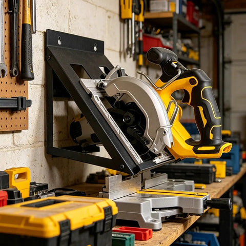Wall Mount Tool Organizer For Circular Saw Storage And Power Tools, Heavy Duty Hanger in a garage workshop setting