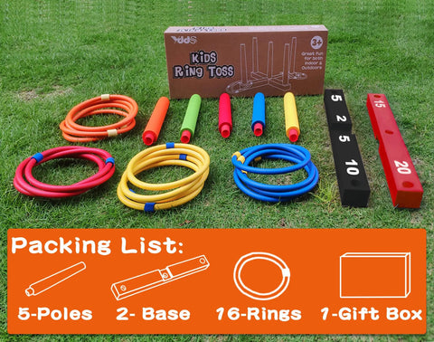 Indoor And Outdoor Ring Toss Game For Kids And Grownups With 5 Poles 2 Bases 16 Soft Foam Rings In 4 Colors Score Markers Easy Setup