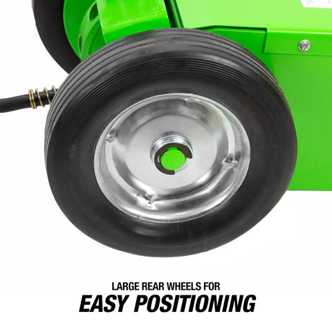 Close-up of large rear wheel on 22 Ton Heavy Duty Air Hydraulic Floor Jack With Low Profile Design For Tight Tandem Axle Access.
