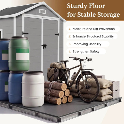 Spacious 6x4 Outdoor Storage Shed With Floor For Bikes Tools And Gear, Resin Plastic Garden Shed in Gray and White