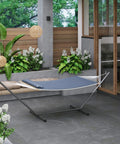 Double Hammock With Stand Heavy Duty 450Lbs Capacity Rugged Steel Frame Quilted Cushion And Storage Net For Backyard Chill Sessions