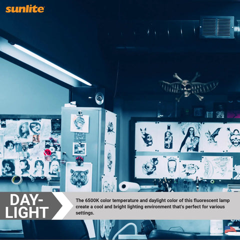 Office with posters illuminated by 3 Foot T8 Fluorescent Lamp 25W 2300 Lumens 6500K Daylight With Medium G13 Bi Pin Base High Performance Straight Tube 30 Pack Ideal for Home Office Garage Shop Lighting