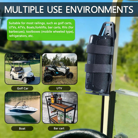 Magnetic Speaker Mount for Golf Carts Boats ATVs and UTVs attaches to a golf cart in outdoor setting, showcasing versatility.
