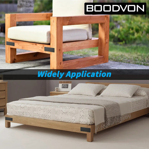 Badass Heavy Duty Steel Mending Plates For Wood Furniture Reinforcement With Rust Proof Black Oxide Finish And Assorted Screw Hardware Sets 48X128MM 2 Pack on a wooden chair and bed.
