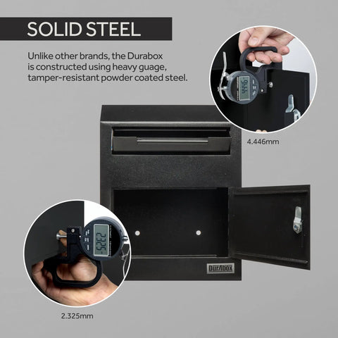 Beefy Heavy Duty Steel Wall Mount Drop Box Deposit Safe 12 By 4 By 15 Inches for Mail Checks Keys Cash and More Ideal for Home Office or Commercial Use Weather Resistant Locking Mailbox, shown with open door and measuring details