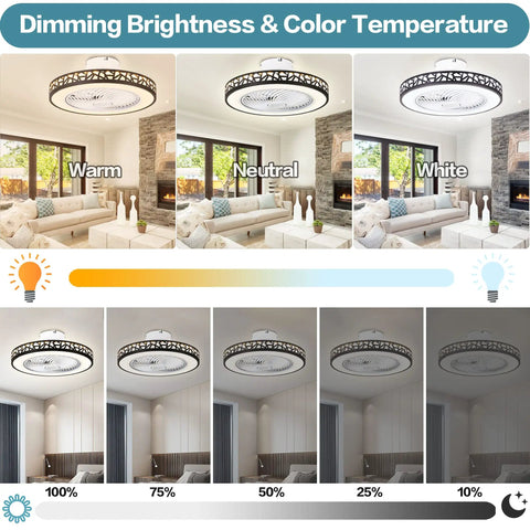 Compact Black Flush Mount Ceiling Fan With Lights And Remote Control, Low Profile Enclosed Design, dimming brightness and color