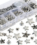 Dope 200 Sets Leather Rivets Kit With Star Studs For Leather Crafting And Repair Ideal For Jackets Shoes Bags Belts Purses And More Includes 2 Rivet Tools And Clear Storage Box shown with silver star studs.