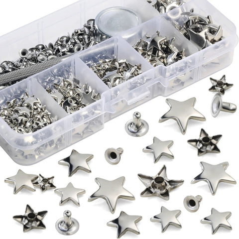 Dope 200 Sets Leather Rivets Kit With Star Studs For Leather Crafting And Repair Ideal For Jackets Shoes Bags Belts Purses And More Includes 2 Rivet Tools And Clear Storage Box shown with silver star studs.