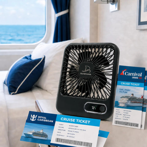 Slick Portable Cruise Fan With Tight Grip Magnetic Mount For Cabin Walls Or Ceiling, 4000 Mah Battery, Usb Rechargeable, Five Adjustable Speeds, Smart Timer And Clean White Noise placed beside cruise tickets on a bed.