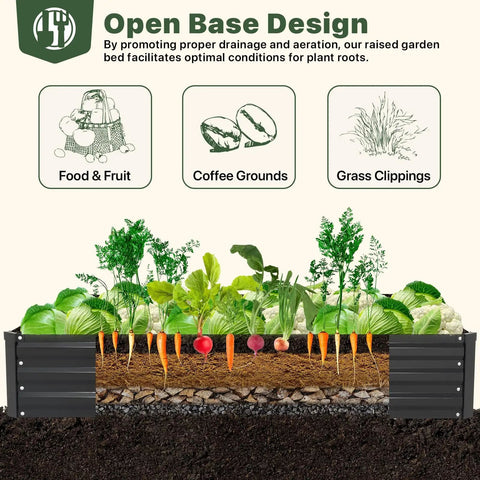 Cross-section of Galvanized Raised Garden Bed With Trellis, 6 By 3 By 1 Ft, showing vegetables and soil layers with text description.