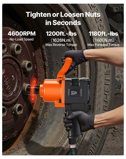 One Inch Pneumatic Impact Wrench Equipped With Twin Hammer Action Pumps Out 1200 Ft Lbs Of Nut Bustin Torque For Corroded Stuck Fasteners Smooth Six Speed Dial And Cushioned Side Handle Clears Every Rough Garage Or Roadside Job, highlighting its torque power in use.