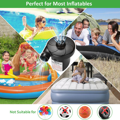 Beast Portable Electric Air Pump With Three Nozzles shown with various inflatables like pools and air mattresses