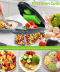 Front view of AISHUJIE 13-in-1 veggie chopper with grey body, green blades, and clear storage container