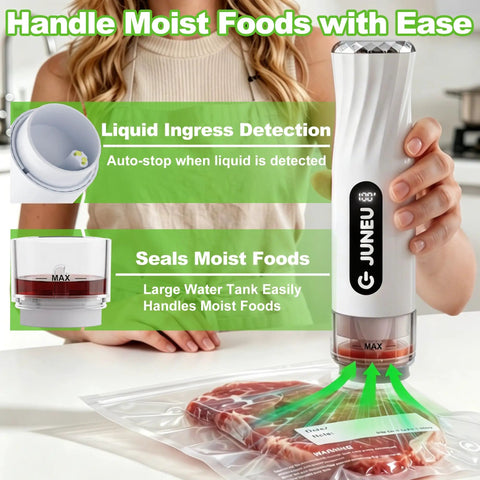 Handheld Vacuum Sealer For Food With 30 Reusable Bags Dry And Moist Food Compatible sealing meat with visible water tank