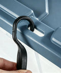 Close-up of the hook handle on the lid of a 2 Pack 160 Quart Heavy Duty Rolling Storage Bins With Clear Transparent Walls And Tough Latching Lids.