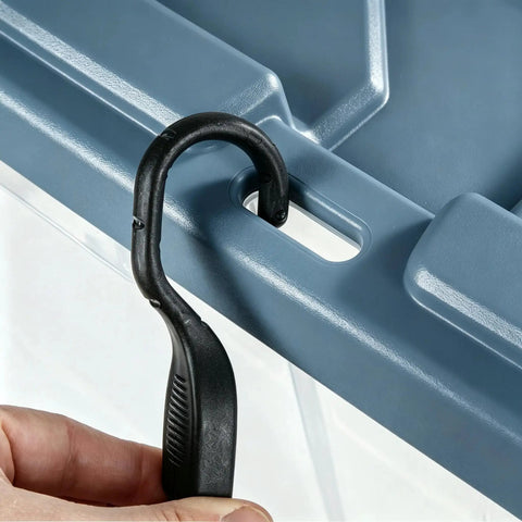 Close-up of the hook handle on the lid of a 2 Pack 160 Quart Heavy Duty Rolling Storage Bins With Clear Transparent Walls And Tough Latching Lids.