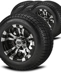 Warlock Black And Machined 10 Inch Golf Cart Wheel And Tire Kit With 205/50-10 Low Profile Tires Pre Mounted On Aluminum Rims Includes Caps