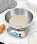 Stainless Steel Digital Kitchen Scale With Bowl for weighing dough on LCD display, silver, 12 lb capacity, tare function shown
