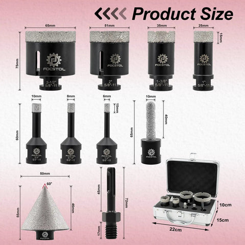 Diamond Core Drill Bit Set 10pc Kit Pro Grade with Finger Milling Bit 50mm Beveling Chamfer Bit and SDS Adapter in case